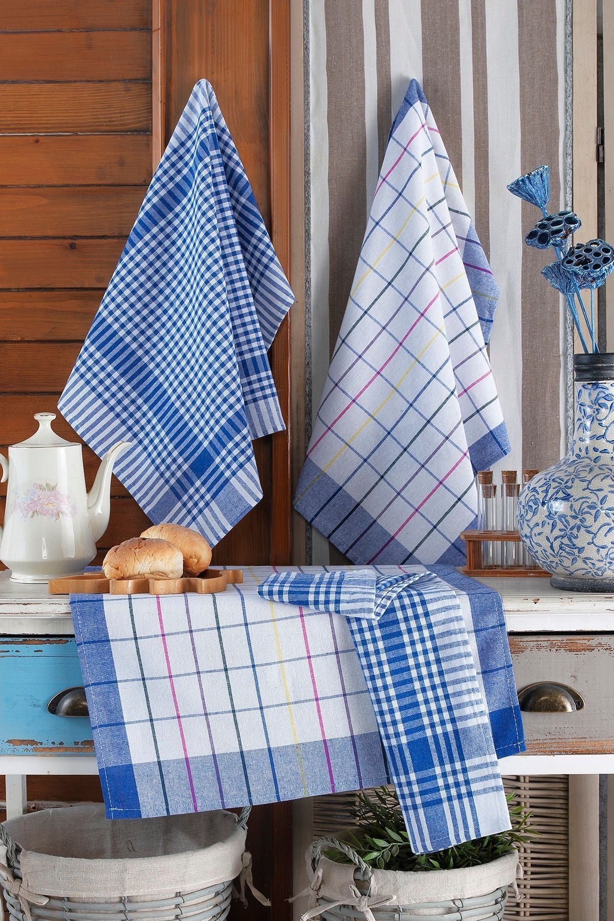 4'lü Mutfak Havlusu Seti & Alman Peçetesi 50x70 Cm % 100 Pamuk Ve Yıkanmış Büyük Kareli