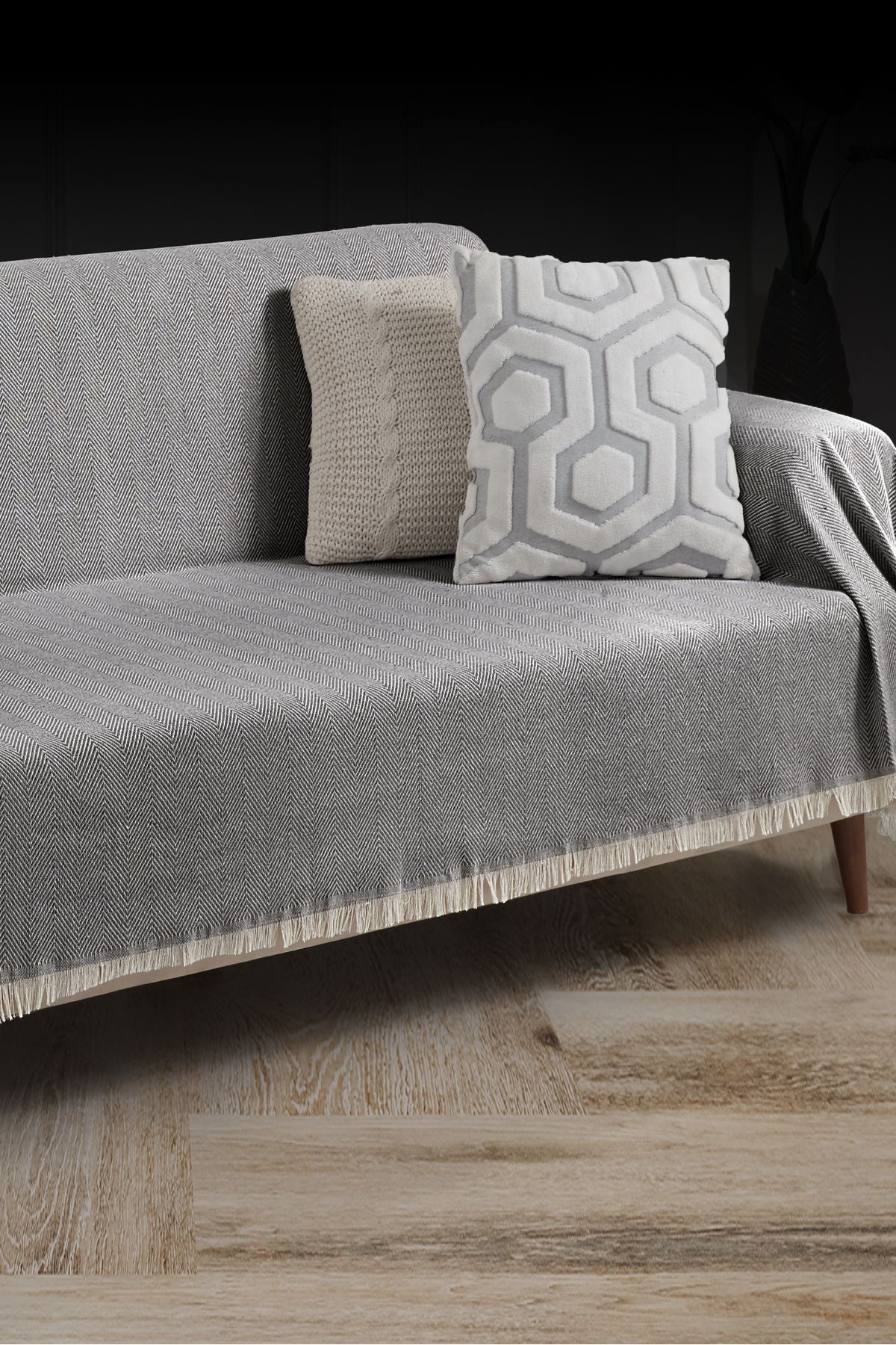 Saçaklı Koltuk Örtüsü %100 Pamuk | Koltuk Şalı 180x300 Cm Antrasit