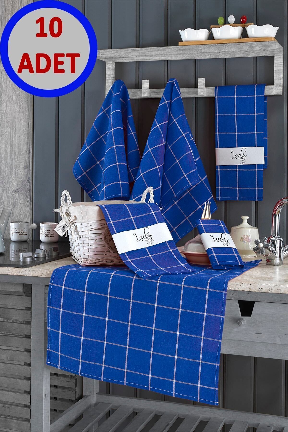 10'lu Mutfak Havlusu Seti & Alman Peçetesi 50x70 Cm % 100 Pamuk Ve Yıkanmış Büyük Kareli