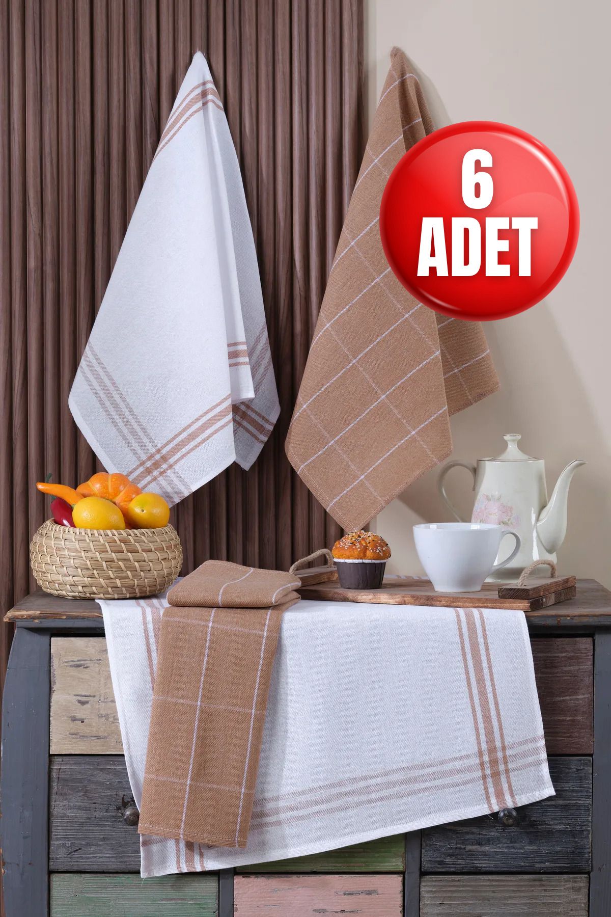 6'lı Mutfak Havlusu Seti & Alman Peçetesi 50x70 Cm % 100 Pamuk Ve Yıkanmış Büyük Kareli