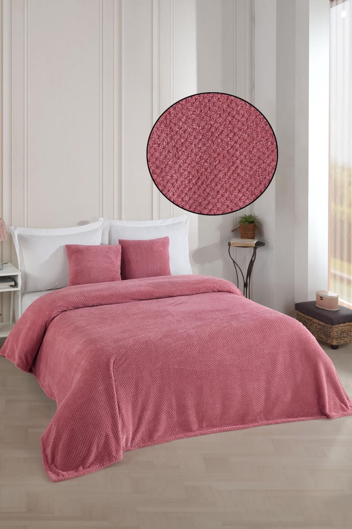 Softy Çift Kişilik Yatak Örtüsü | Wellsoft Battaniye 220 X 230cm 2 Adet Kırlent Kılıfı 45x45cm Ekru