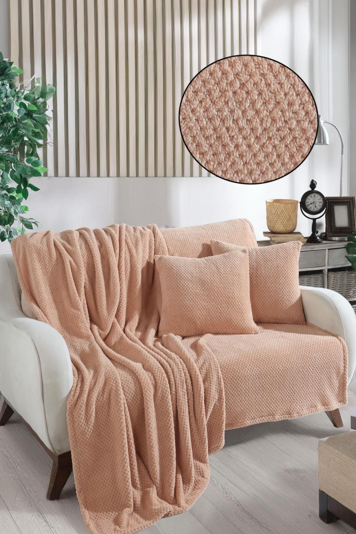 Welsoft Koltuk Örtüsü Ve Tv Battaniyesi 180x200 2 Adet 45x45 Kırlent Kılıfı Ekru