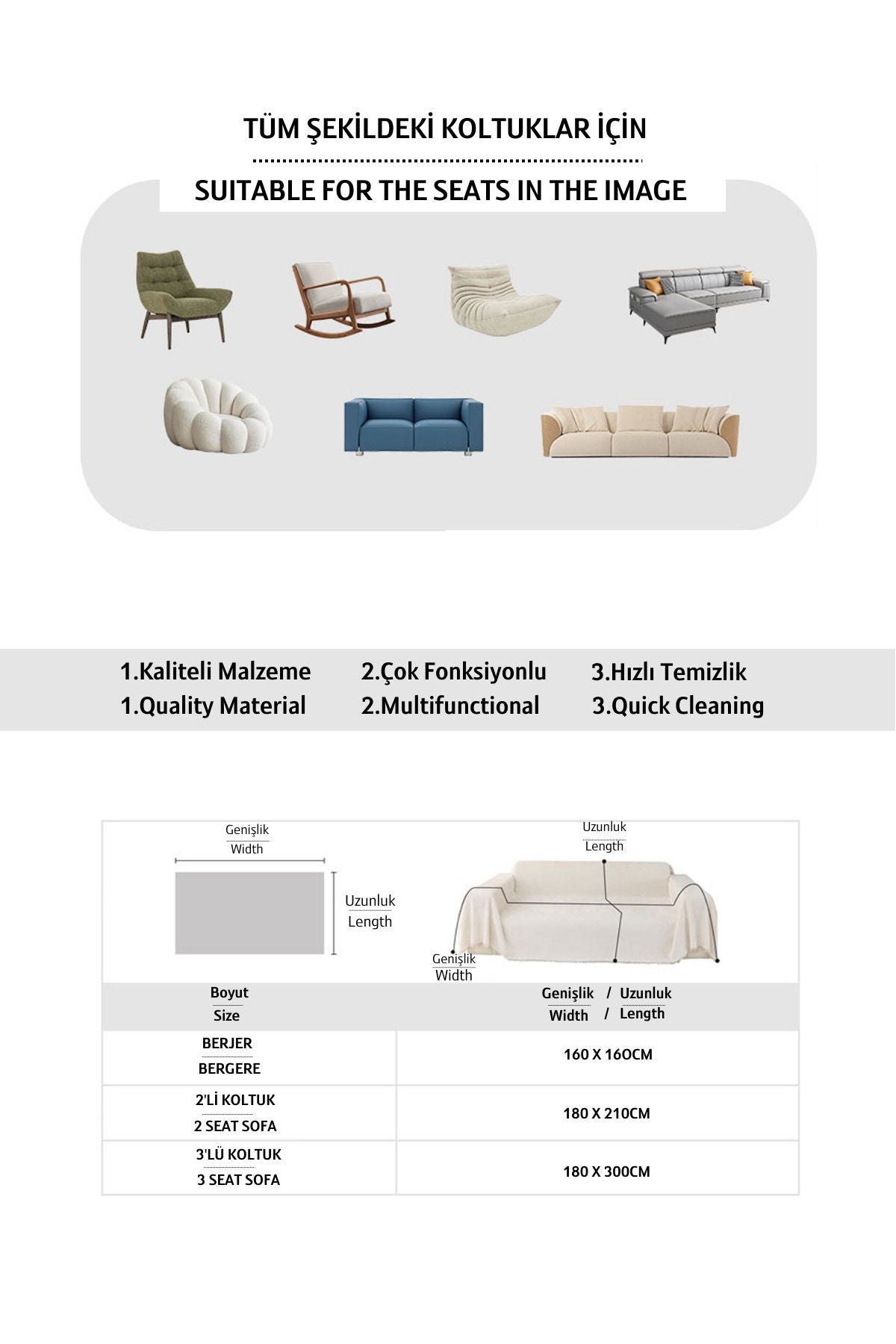 Wellsoft Koltuk Örtüsü Kolları Kaplayan 180x300cm 2 Adet 45x45cm Kırlent Kılıfı Ekru