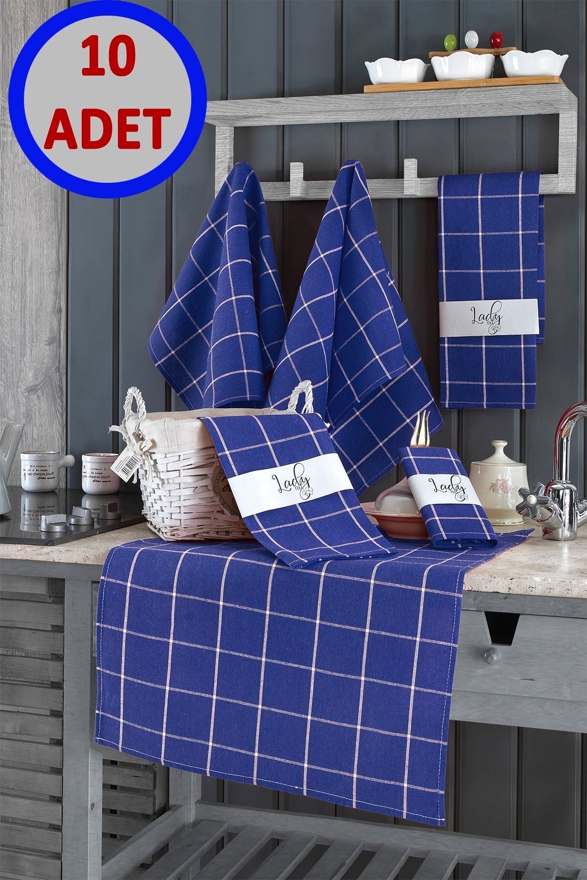 10'lu Mutfak Havlusu Seti & Alman Peçetesi 50x70 Cm % 100 Pamuk Ve Yıkanmış Büyük Kareli