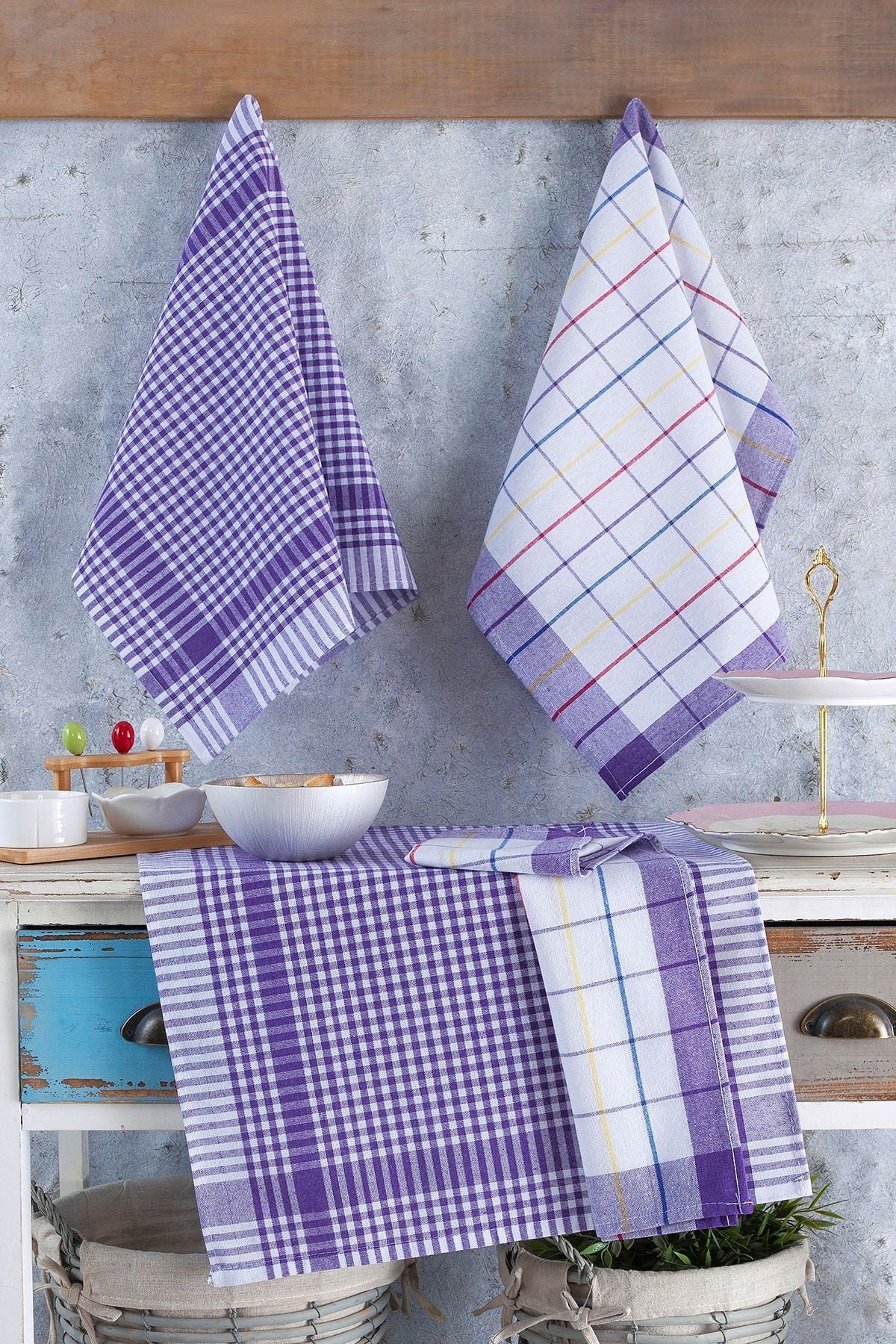 4'lü Mutfak Havlusu Seti & Alman Peçetesi 50x70 Cm % 100 Pamuk Ve Yıkanmış Büyük Kareli