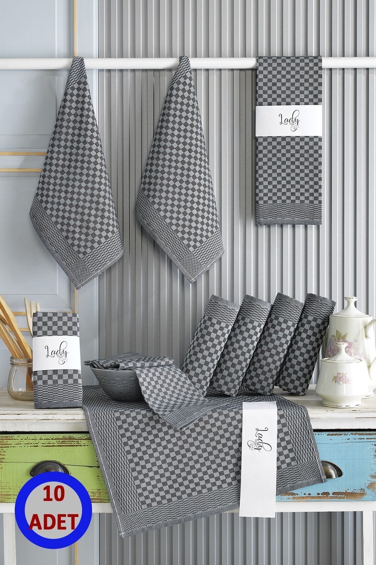 10 Lu Siyah Mutfak Peçetesi Dama Desenli Pamuklu
