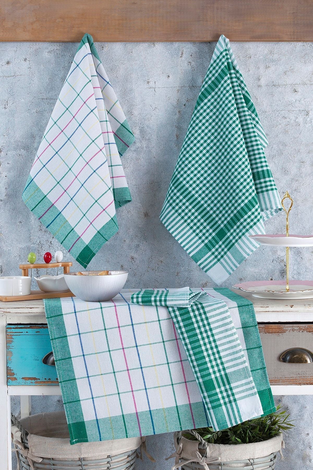 4'lü Mutfak Havlusu Seti & Alman Peçetesi 50x70 Cm % 100 Pamuk Ve Yıkanmış Büyük Kareli