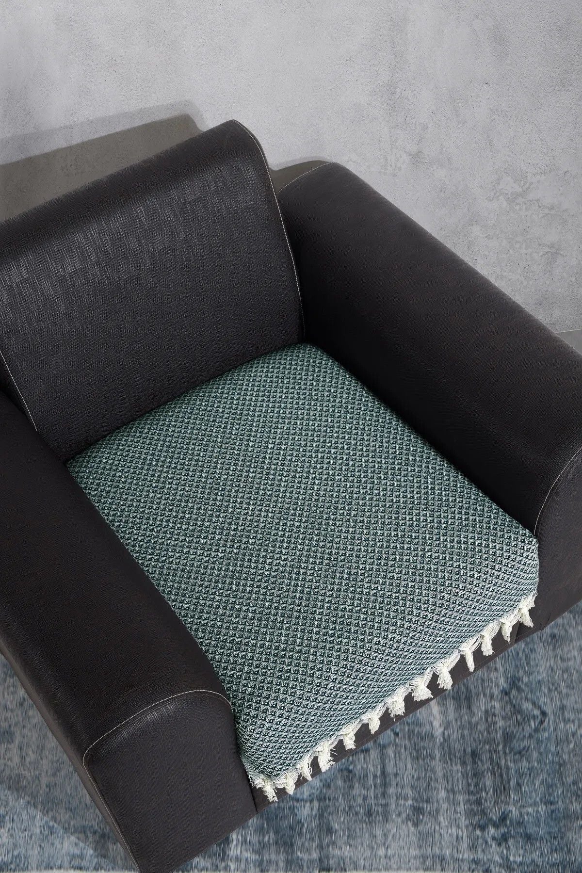 Oturma Yerini Kapatan Saçaklı Koltuk Örtüsü %100 Pamuk | Berjer Örtüsü Koltuk Şalı 70x95 Cm Yeşil