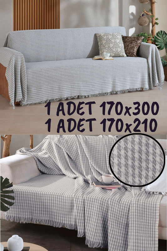 Kazayağı Koltuk Örtüsü Takımı Gri-1 Adet 170x300 1 Adet 170x210