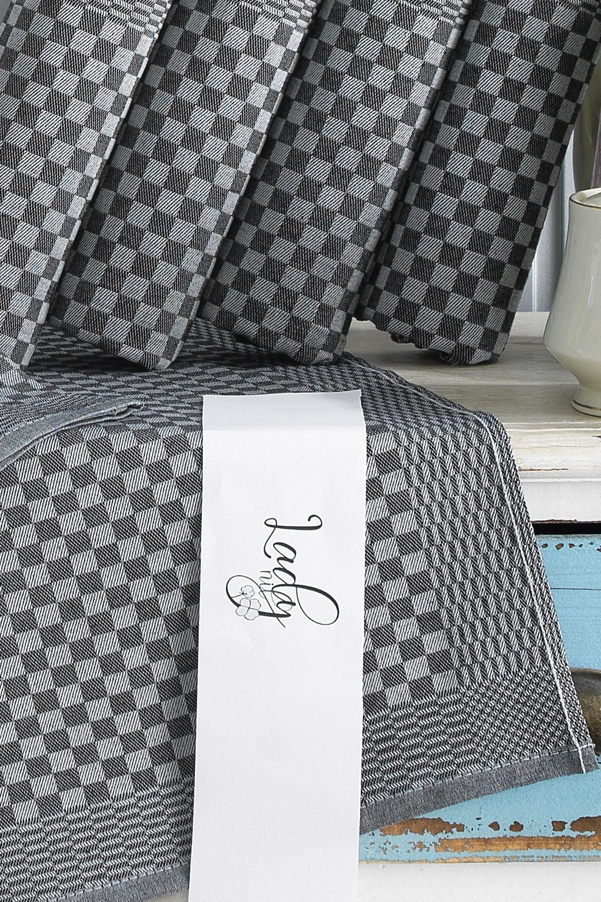 10 Lu Siyah Mutfak Peçetesi Dama Desenli Pamuklu