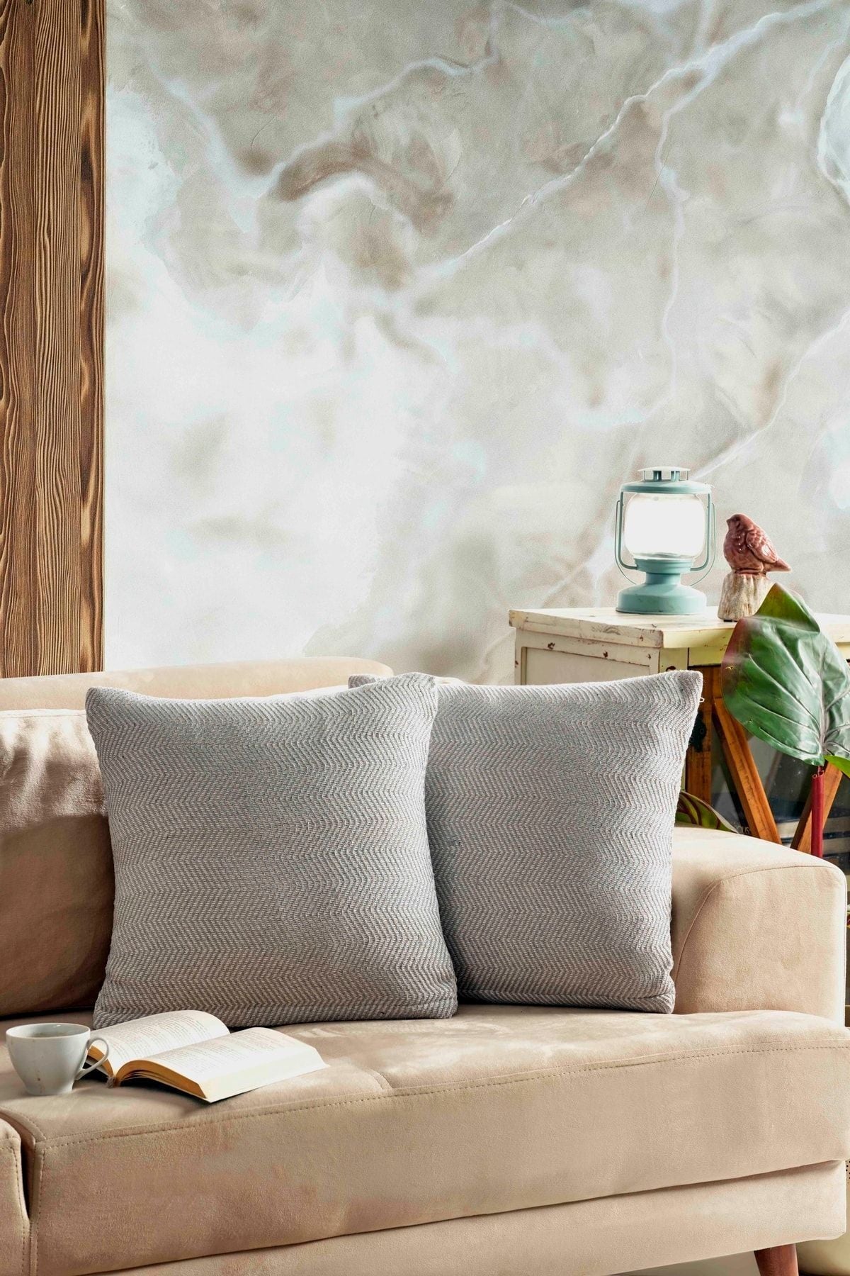 Naturel 2'li Kırlent Kılıfı 45x45 Siyah Fermuarlı