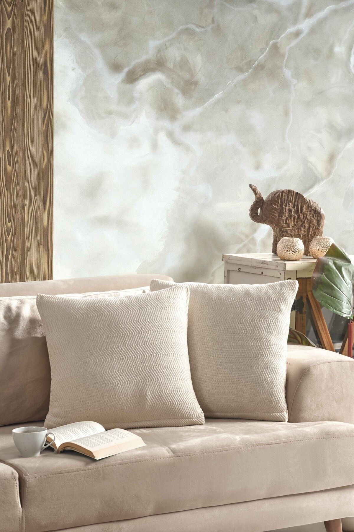 Naturel 2'li Kırlent Kılıfı 45x45 Siyah Fermuarlı