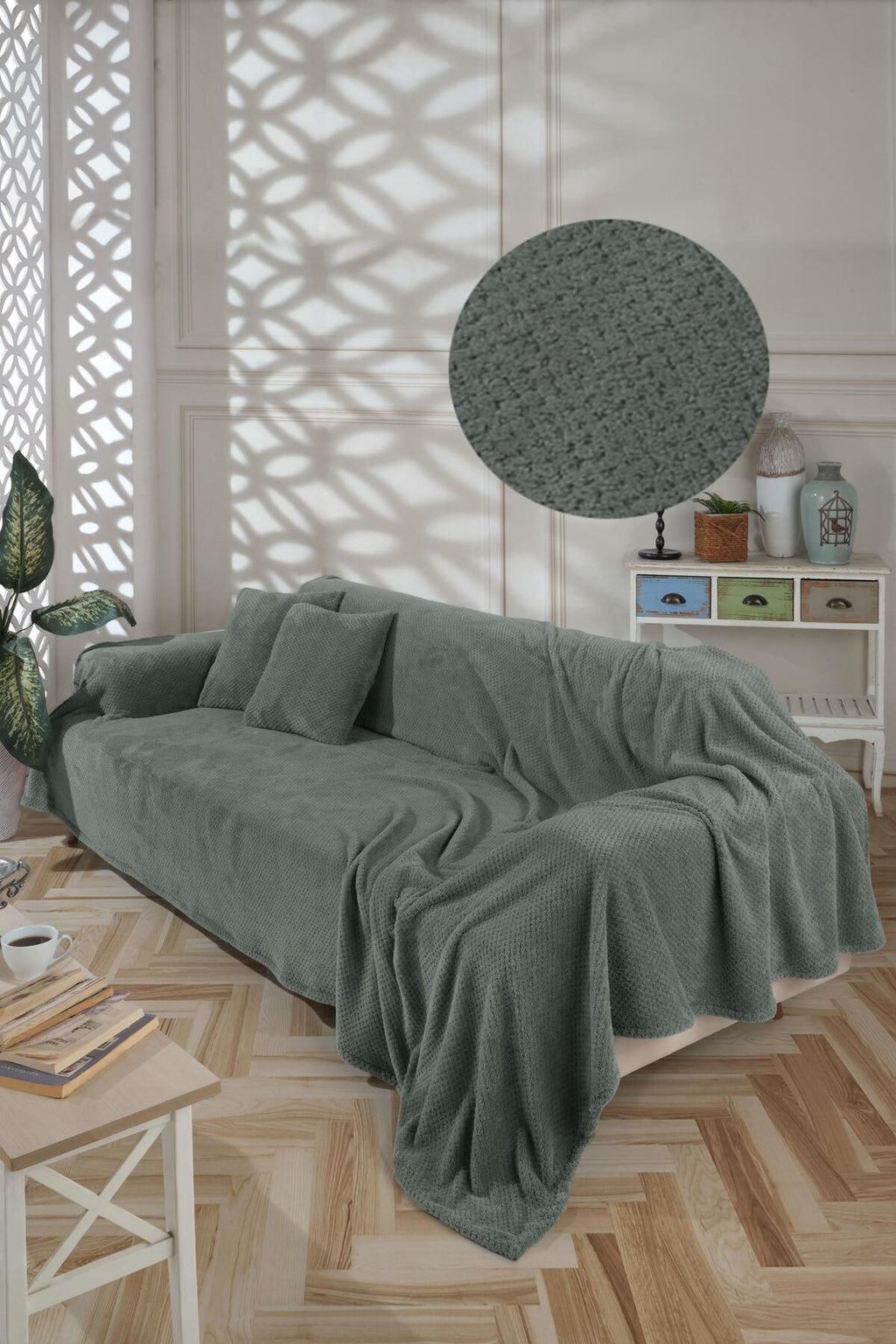 Wellsoft Koltuk Örtüsü Kolları Kaplayan 180x300cm 2 Adet 45x45cm Kırlent Kılıfı Ekru