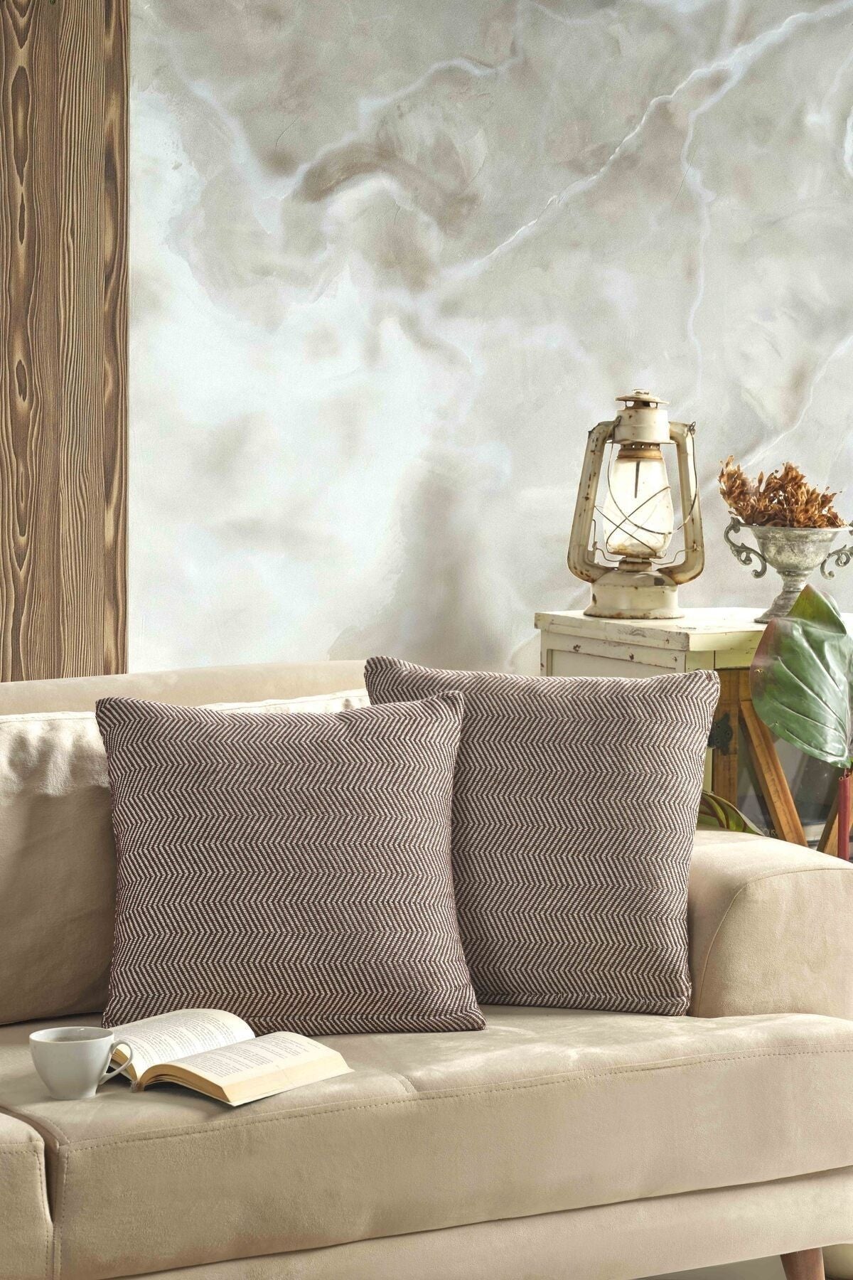 Naturel 2'li Kırlent Kılıfı 45x45 Siyah Fermuarlı