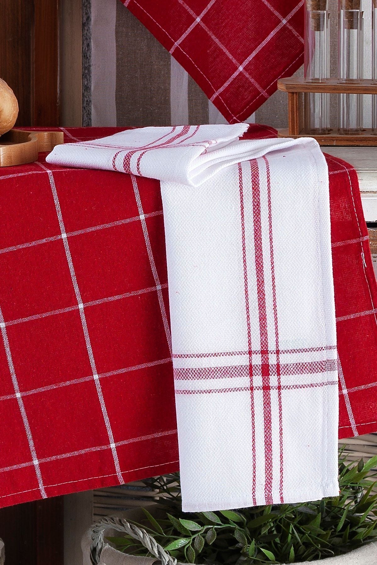 4'lü Mutfak Havlusu Seti & Alman Peçetesi 50x70 Cm % 100 Pamuk Ve Yıkanmış Büyük Kareli