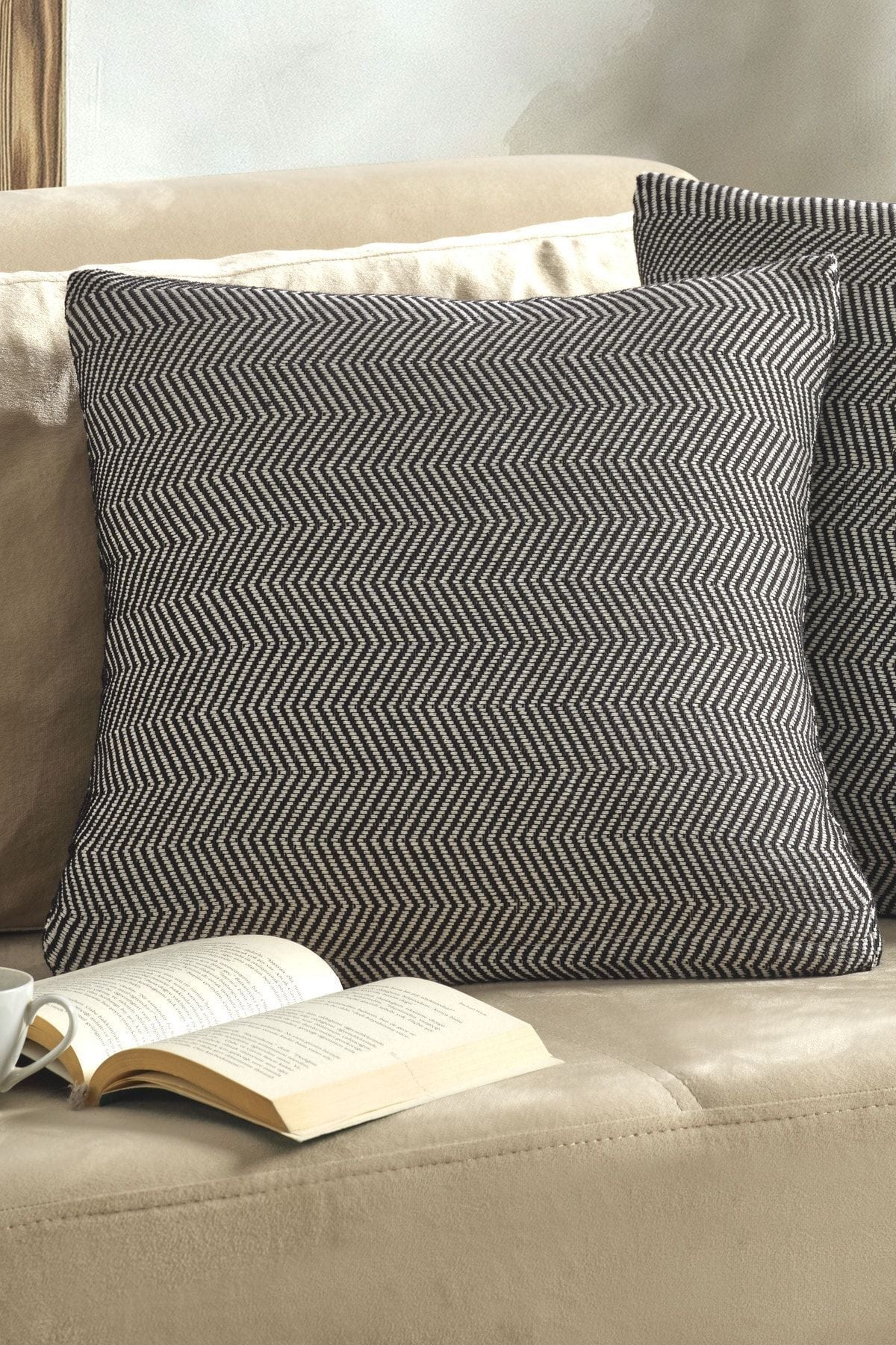 Naturel 2'li Kırlent Kılıfı 45x45 Siyah Fermuarlı