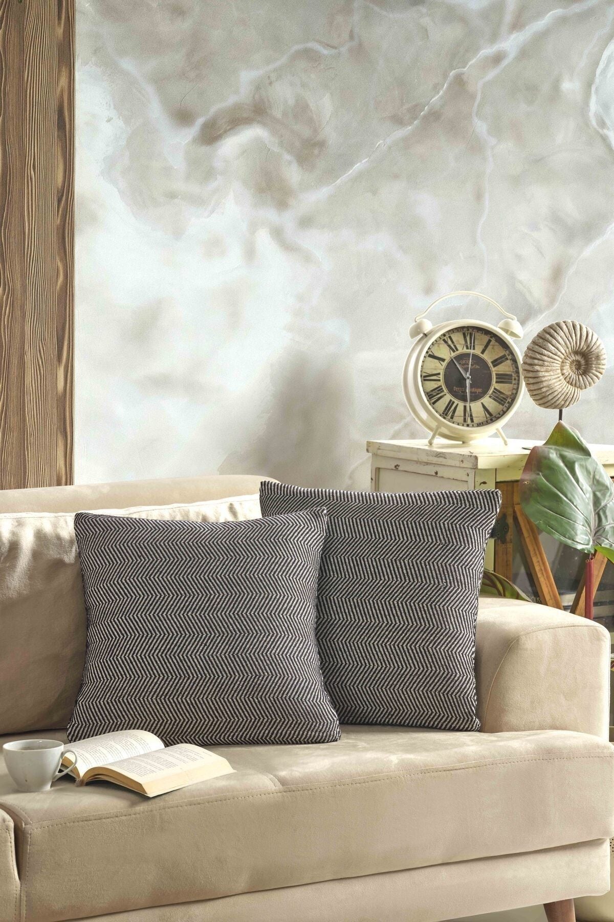 Naturel 2'li Kırlent Kılıfı 45x45 Siyah Fermuarlı