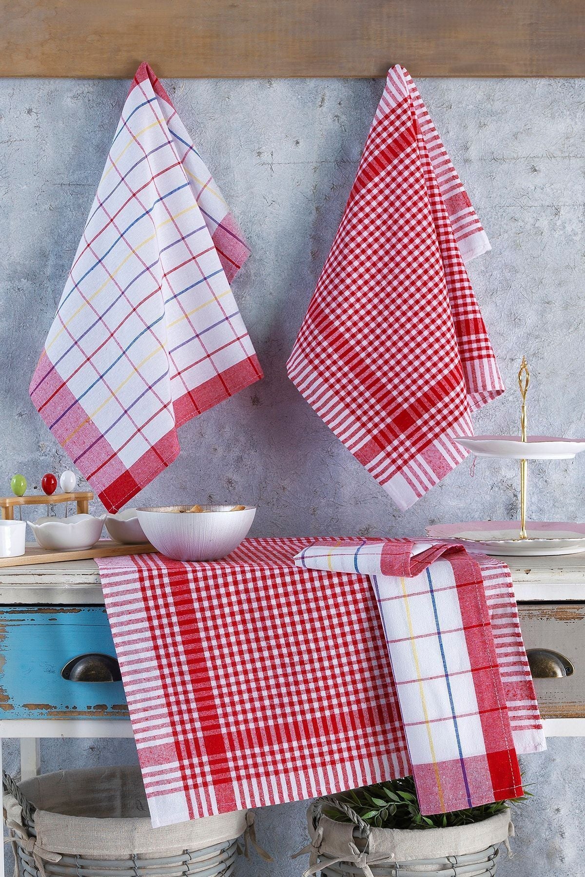 4'lü Mutfak Havlusu Seti & Alman Peçetesi 50x70 Cm % 100 Pamuk Ve Yıkanmış Büyük Kareli