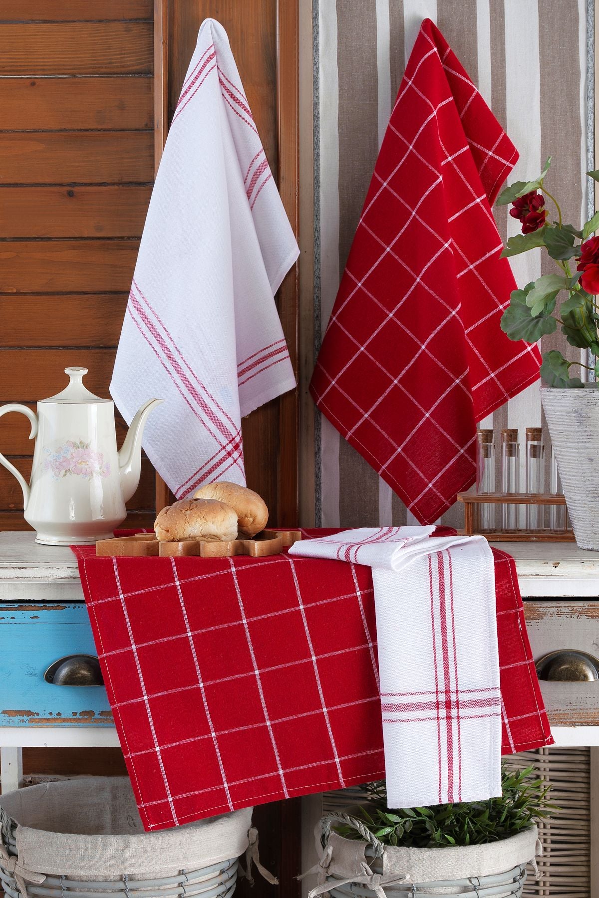 6'lı Mutfak Havlusu Seti & Alman Peçetesi 50x70 Cm % 100 Pamuk Ve Yıkanmış Büyük Kareli