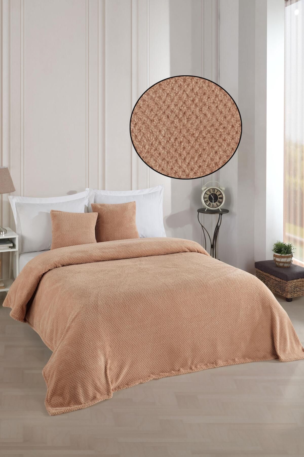 Softy Çift Kişilik Yatak Örtüsü | Wellsoft Battaniye 220 X 230cm 2 Adet Kırlent Kılıfı 45x45cm Ekru