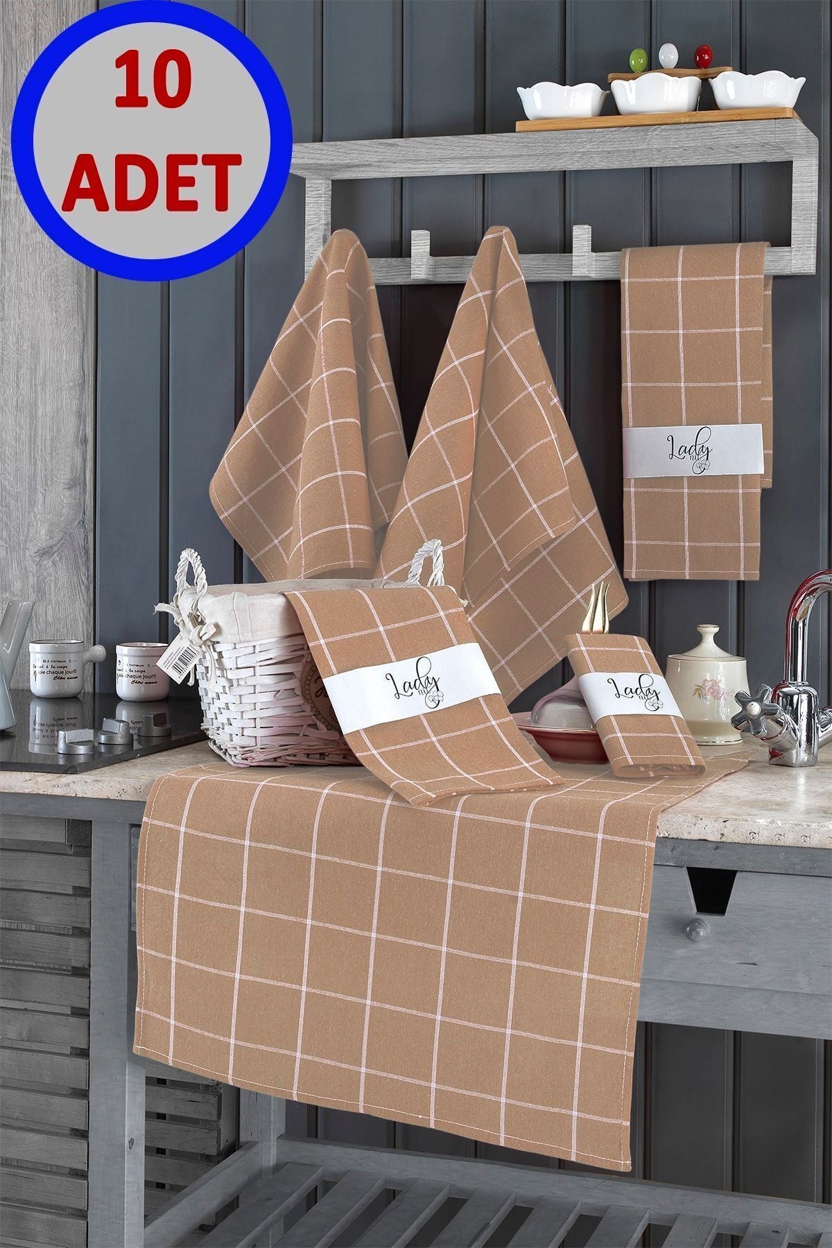 10'lu Mutfak Havlusu Seti & Alman Peçetesi 50x70 Cm % 100 Pamuk Ve Yıkanmış Büyük Kareli
