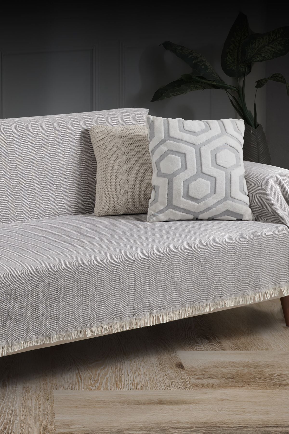 Saçaklı Koltuk Örtüsü %100 Pamuk | Koltuk Şalı 180x300 Cm Antrasit