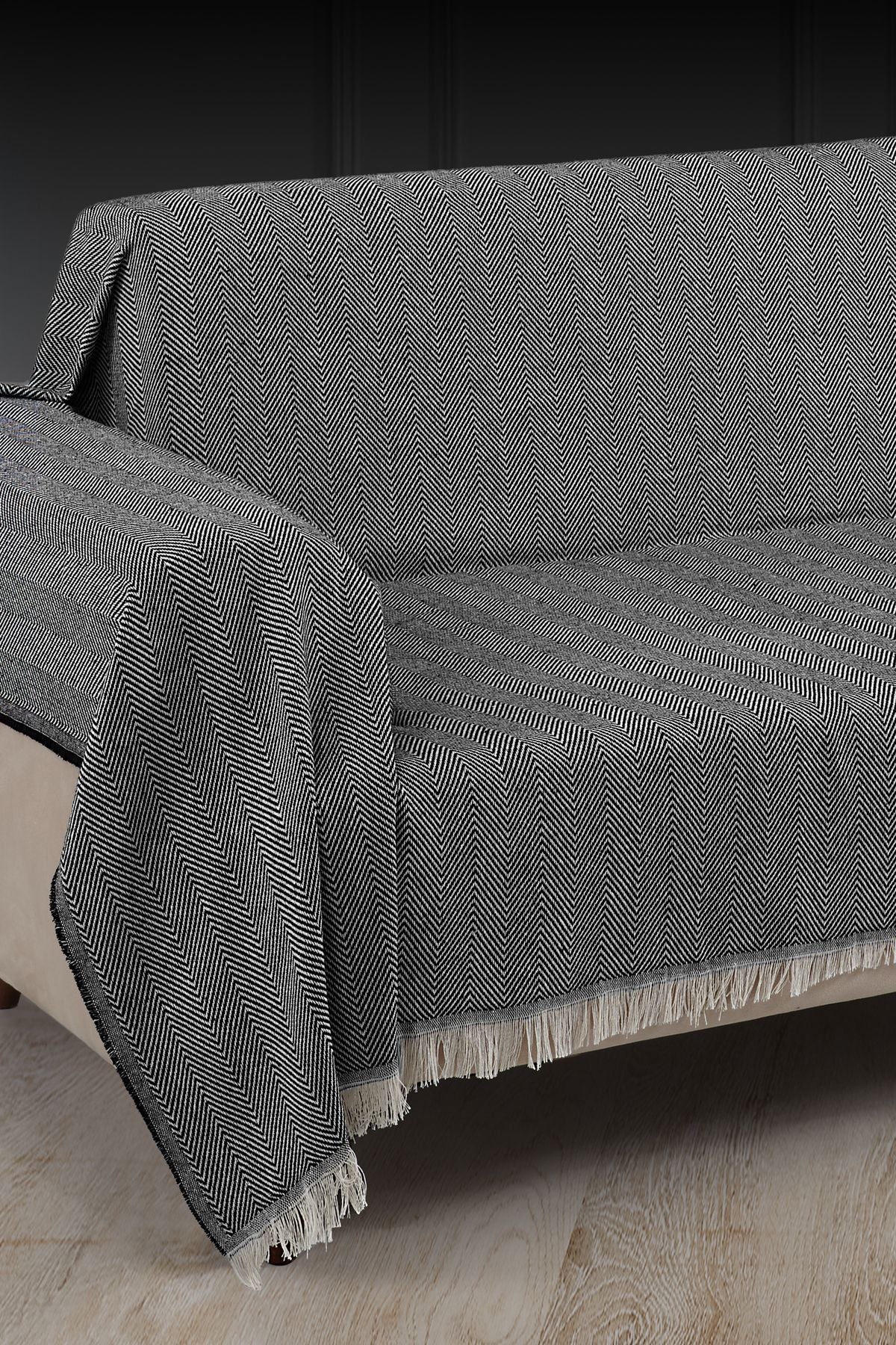 Saçaklı Koltuk Örtüsü %100 Pamuk | Koltuk Şalı 180x300 Cm Antrasit