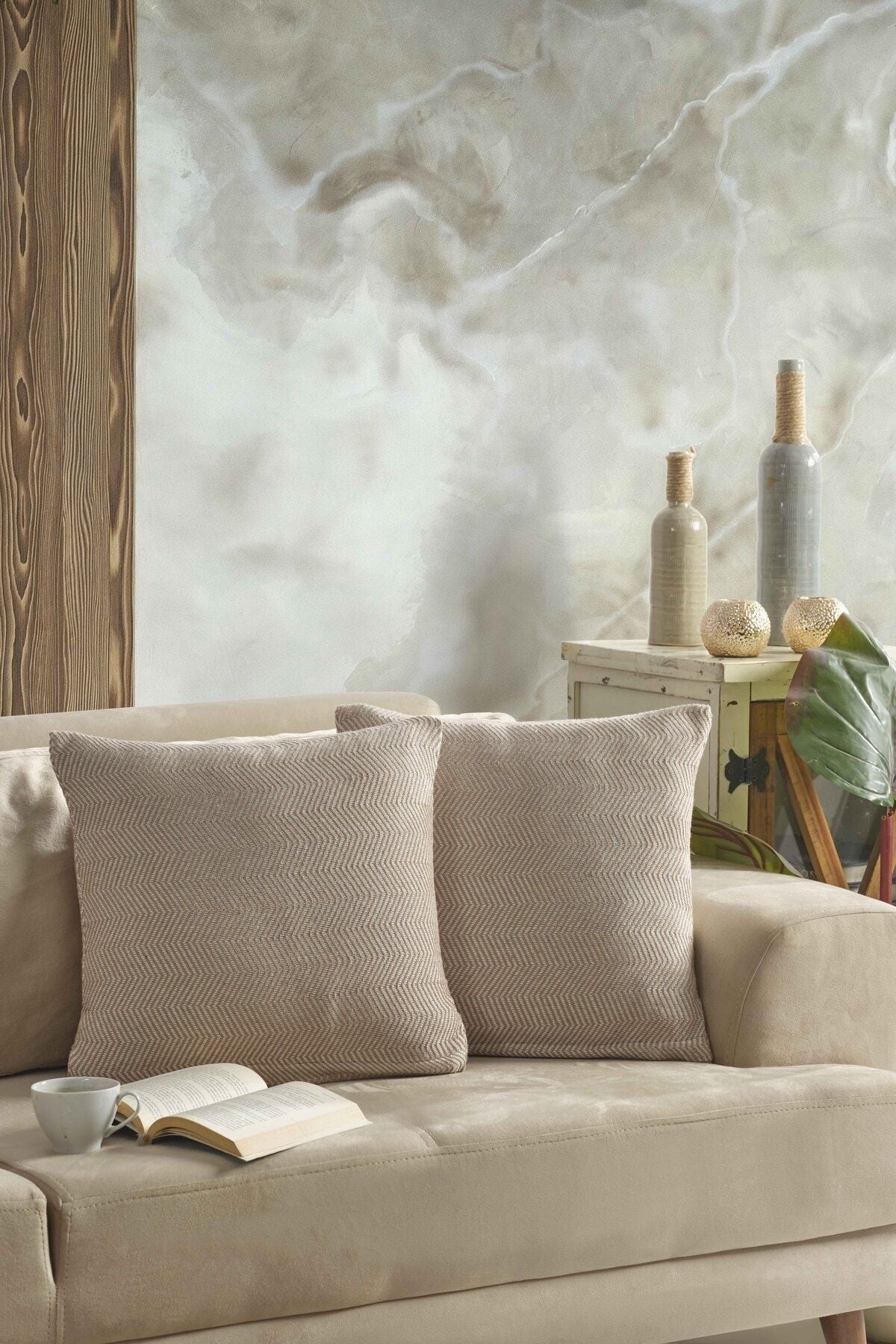 Naturel 2'li Kırlent Kılıfı 45x45 Siyah Fermuarlı