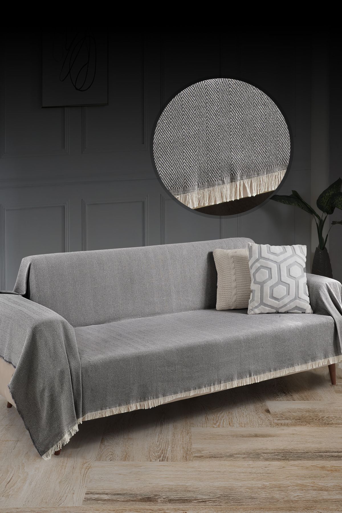 Saçaklı Koltuk Örtüsü %100 Pamuk | Koltuk Şalı 180x300 Cm Antrasit