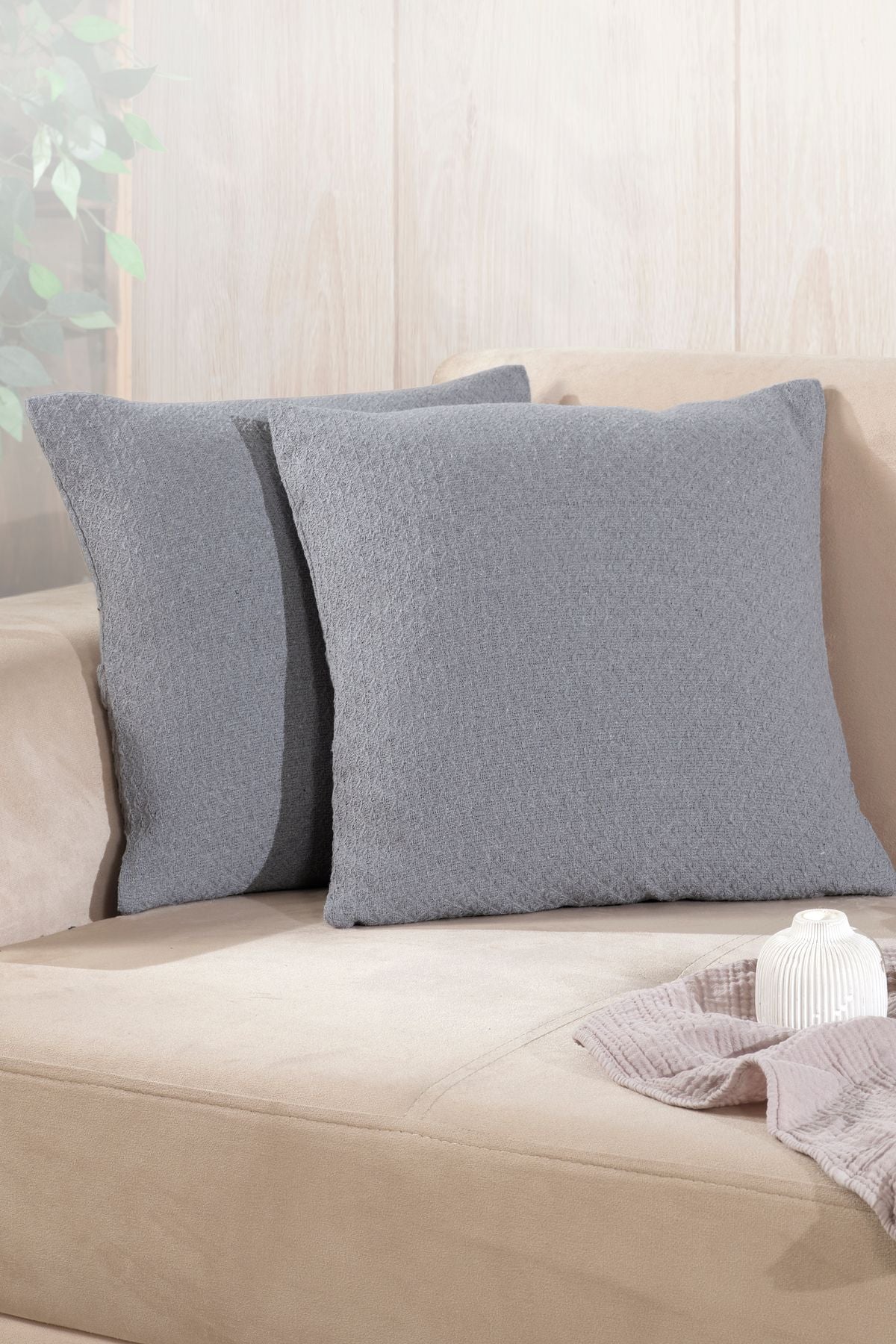 Bohem 2'li Kırlent Kılıfı Dekoratif Yastık Kılıfı 45x45 Fermuarlı Gri