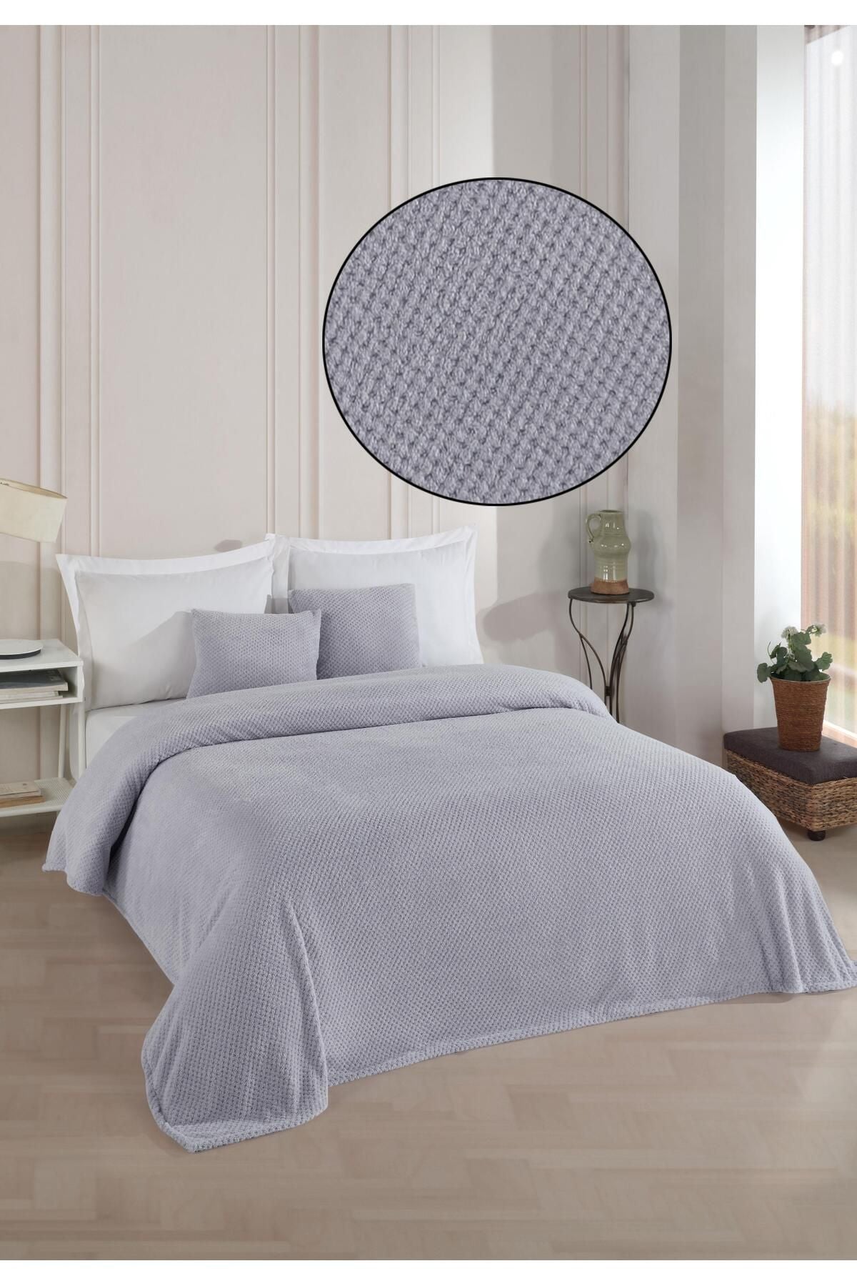 Softy Çift Kişilik Yatak Örtüsü | Wellsoft Battaniye 220 X 230cm 2 Adet Kırlent Kılıfı 45x45cm Ekru