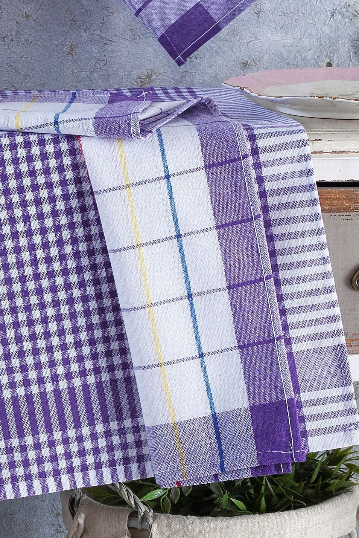 4'lü Mutfak Havlusu Seti & Alman Peçetesi 50x70 Cm % 100 Pamuk Ve Yıkanmış Büyük Kareli