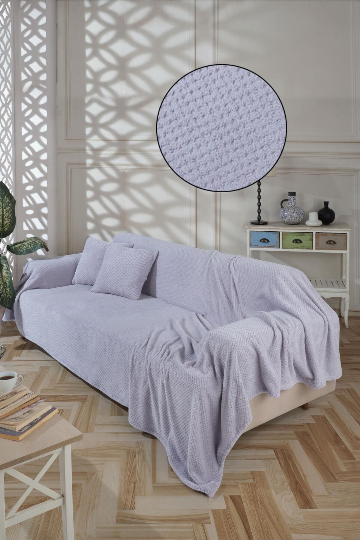 Wellsoft Koltuk Örtüsü Kolları Kaplayan 180x300cm 2 Adet 45x45cm Kırlent Kılıfı Ekru