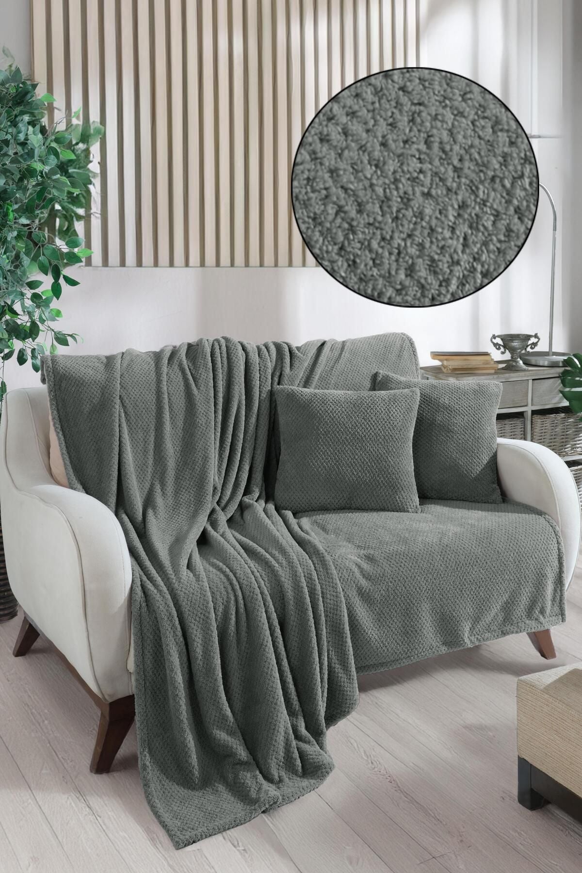 Welsoft Koltuk Örtüsü Ve Tv Battaniyesi 180x200 2 Adet 45x45 Kırlent Kılıfı Ekru