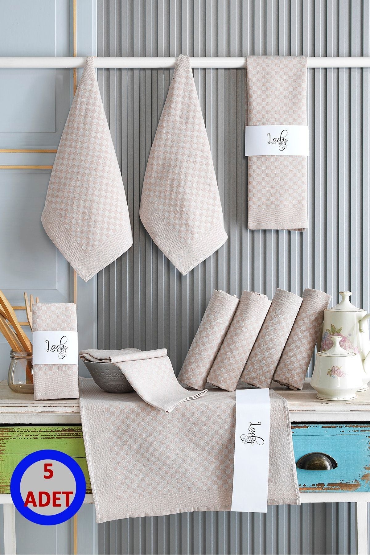 5 Li Kırmızı Mutfak Peçetesi Dama Desenli Pamuklu